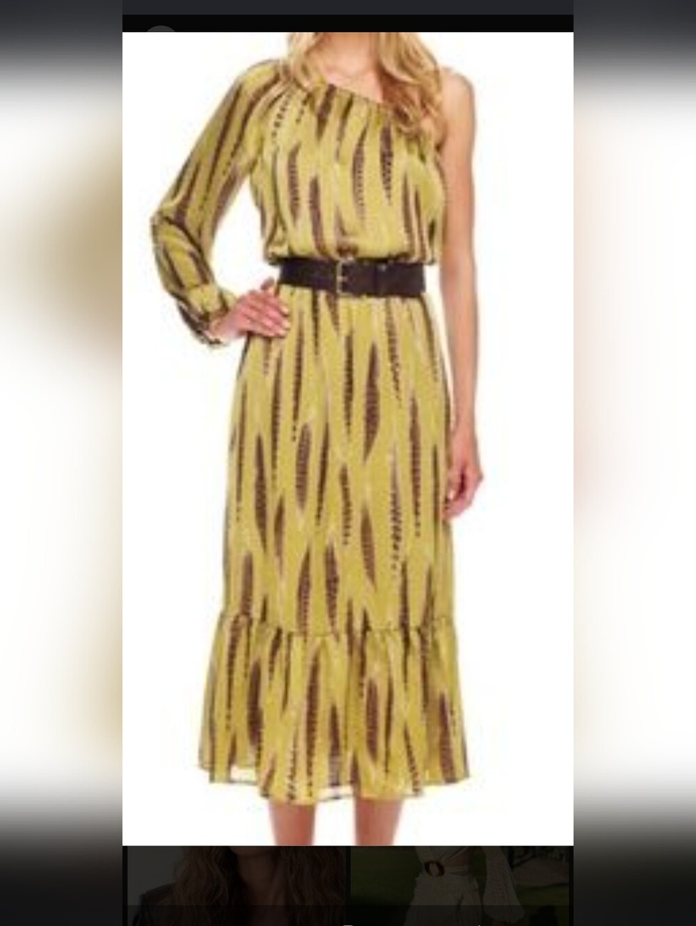 Michael Kors Silky Green One-Shoulder Dress With Pheasant Feather Print, XS
